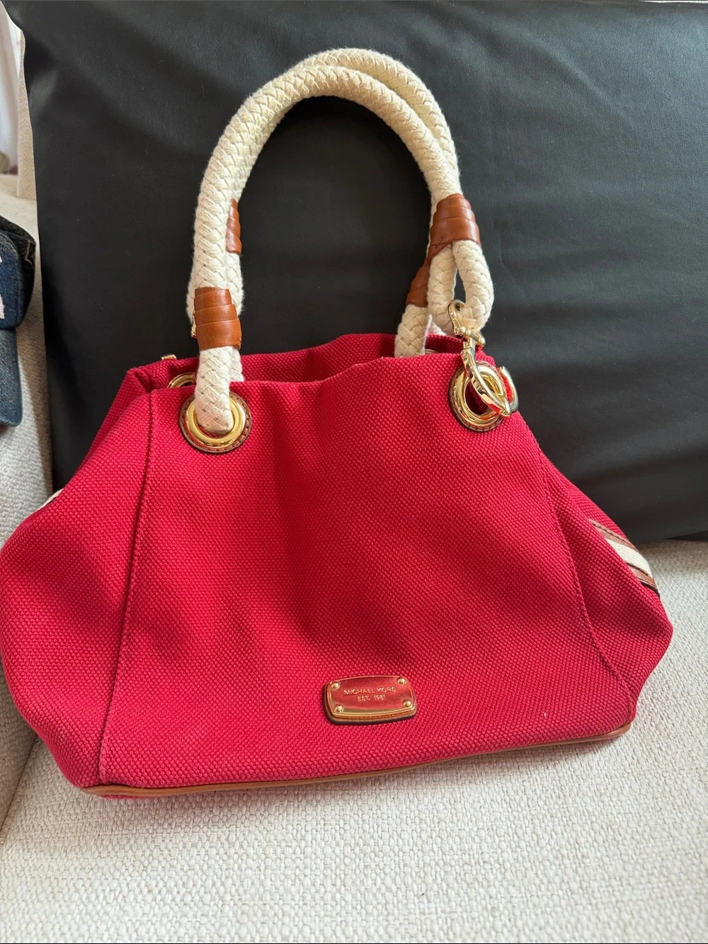 Michael Kors Red Canvas Tote with Cream Rope Handles and Tan Trim
